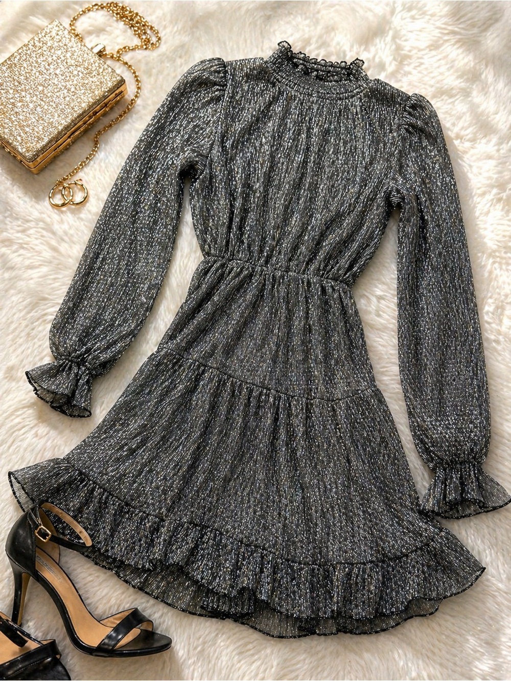 OP Metallic Black Ruffle Long Sleeve Dress